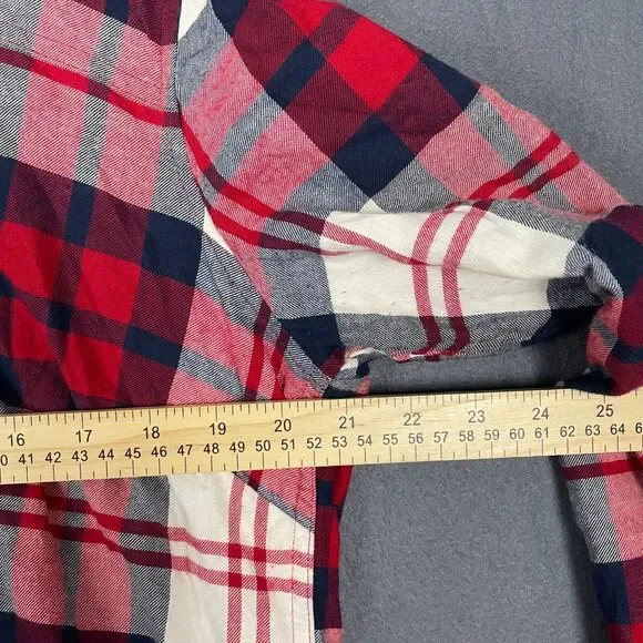 Eddie Bauer Shirt Jacket Women's XL Red Ivory Plaid Hi-Low Button Front Hooded - Picture 10 of 16